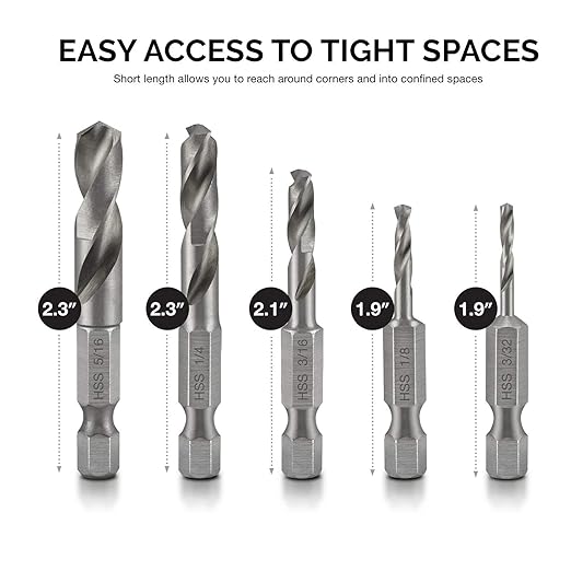 NEIKO 11402A Stubby Drill Bit Set for Metal, 5 Piece 1/4" Quick Change Hex Shank, M2 High Speed Steel for Quick Change, Chucks and Drives Drill Bit Holder Included, Hex Shank Drill Bit Set