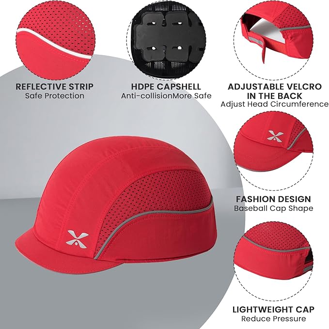 TIHEEN Unisex Safety Bump Cap, Baseball Hat Style with Reflective Stripes Lightweight and Breathable Hard Hat Head Protection Cap