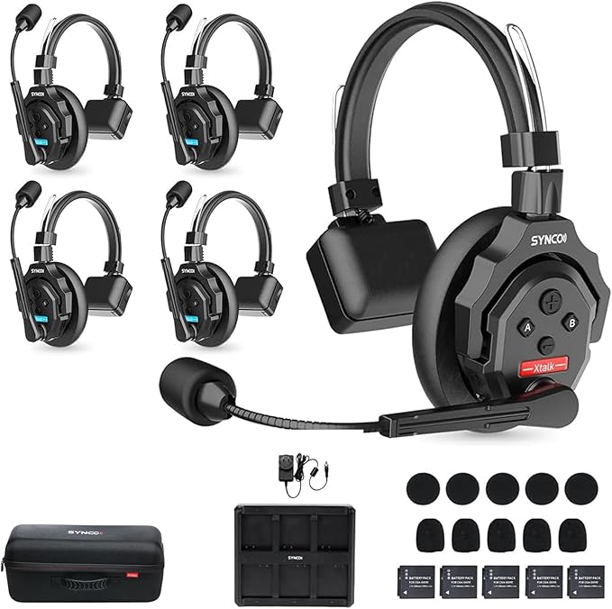 SYNCO XTalk X5 Full Duplex AEC Wireless Intercom Headset System Support 2.4GHz 5-Person Team Communication,350M/1148FT Real-time Monitoring,24-Hour Battery Life
