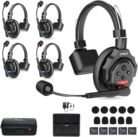 SYNCO XTalk X5 Full Duplex AEC Wireless Intercom Headset System Support 2.4GHz 5-Person Team Communication,350M/1148FT Real-time Monitoring,24-Hour Battery Life
