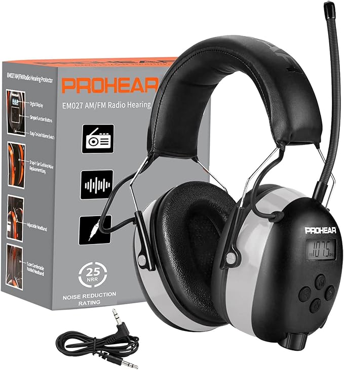 PROHEAR AM FM Digital Ear Protection 25dB NRR Audio Headphones, Noise Reduction Hearing Protection Earmuffs for Lawn Mowing, Workshops, Snowblowing Indoor Outdoor Construction Work - Grey
