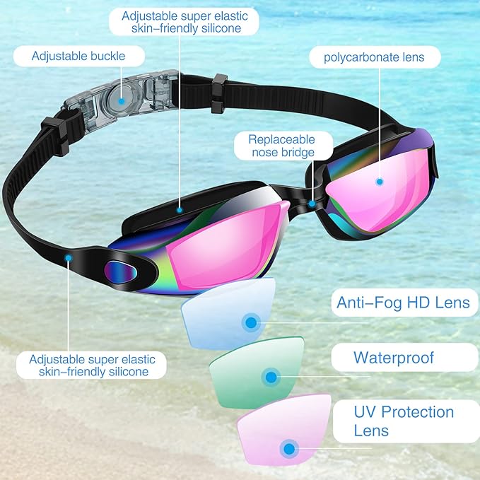 Fabbay 8 Pcs Swimming Goggles No Leaking Pool Goggles for Kid Adult UV Protection Swim Glasses Waterproof Nose Clip Earplug