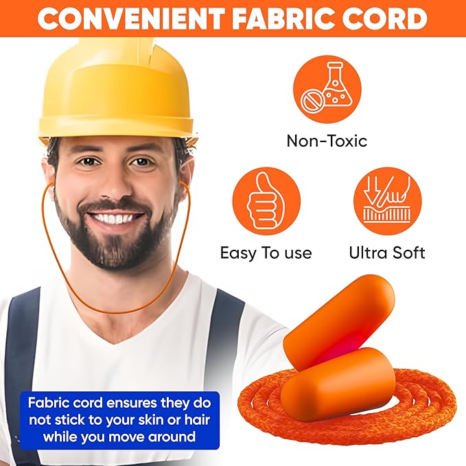 Foam Corded Ear Plugs 100 Pair - 32dB Noise Cancelling Shooting Hearing Protection Ear Plugs for Noise Reduction Construction Work Safety Mowing Industrial - Disposable Ear Plugs with Cord Bulk