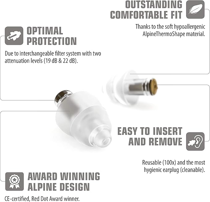 Alpine MusicSafe Pro - High Fidelity Earplugs for Musicians - 3 Interchangeable Premium Filter Sets: 16, 19 & 22 dB - Professional Musician Hearing Protection - Transparent
