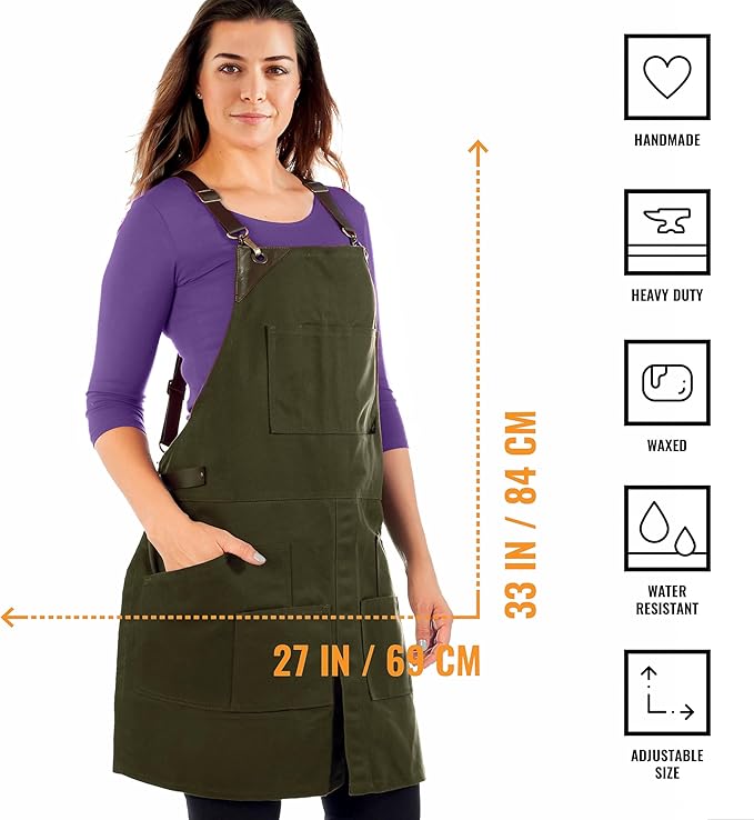 Under NY Sky Cargo Green Apron – Cross-Back with Leather Straps, Heavy-Duty Waxed Canvas and Split-Leg – Adjustable for Men and Women – Pro Woodworker, Mechanic, Blacksmith, Welder, Artist Aprons