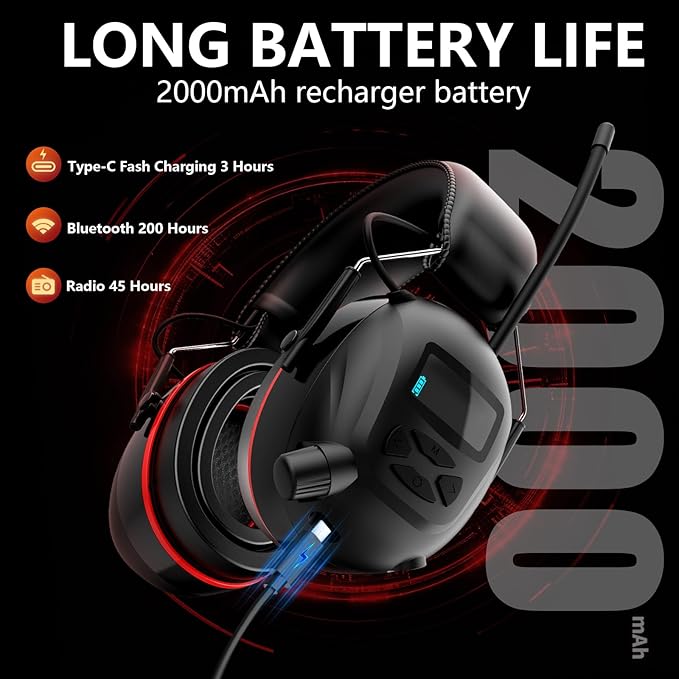Bluetooth 5.4 Hearing Protection AM FM Radio Headphones with 2000mAh Rechargeable Battery, 30dB SNR Noise Reduction Safety Earmuffs Protector, Up to 45H Radio Listening Time for Mowing Lawn Work