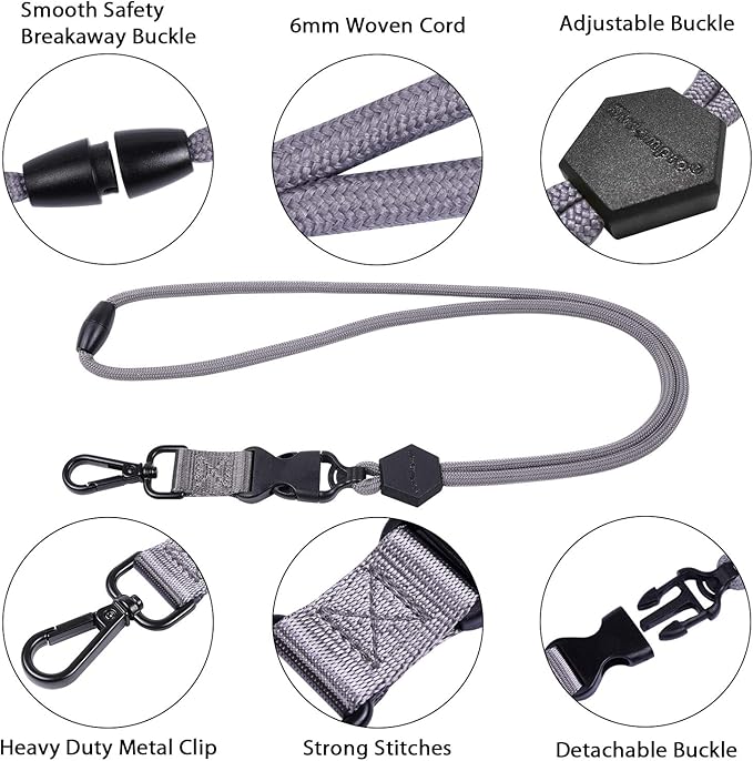 Wisdompro 2 Pack of 23 inch Durable Round Cord Heavy Duty Lanyard with Safety Breakaway Buckle, Detachable Buckle and Metal Hook for ID Card Badge Holder and Keys - Black and Gray