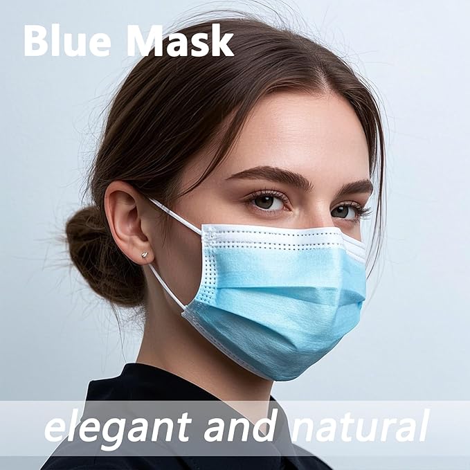 50pcs Blue Disposable Face Mask for Adults Women Men, 3-Ply Solid Blue Breathable Earloop Full Face Protection