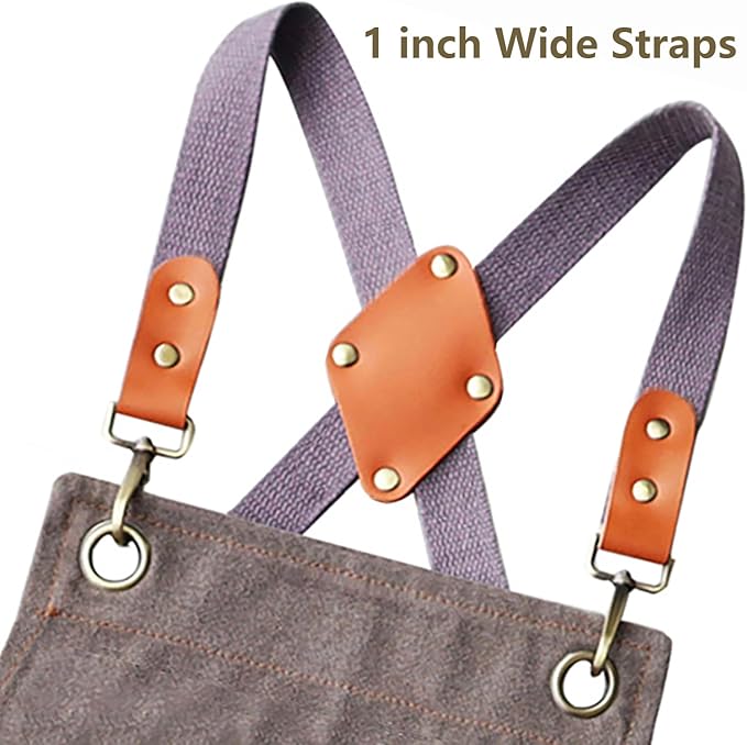 AFUN Work Aprons for Men with Large Pockets, Cotton Canvas Cross Back Heavy Duty Adjustable Tool Apron, Size M to XXL (Grey)