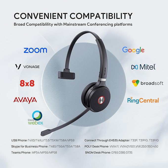 Yealink WH62 Mono UC DECT Wireless Headset 525 ft Range for Zoom Skype Certified Work Headset with 2X Noise Canceling Mic for IP Phone and Computer, Office Single On Ear Headphone,13 Talk Time