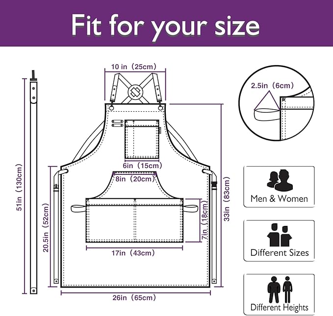 5 Pack Kitchen Apron, Work Apron, Canvas, Multiple Pockets, Gardening, Painting, BBQ, Artist, Carpenter, Sizes M to XXL, Purple