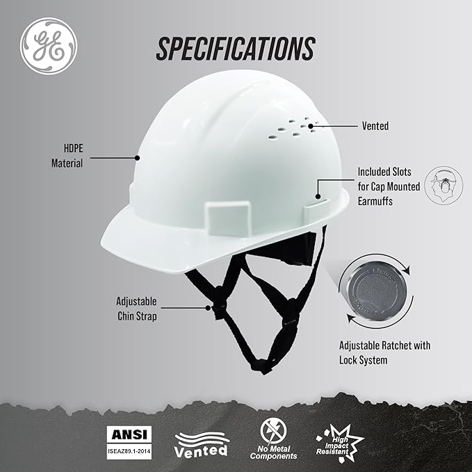 GE Cap Style Hard Hat, 4-Point Ratchet Suspension, Earmuff Slots, High Impact Resistant, Sweat-Wicking Sweatband, Meets ANSI Z89.1-2014, Comfortable, Durable, and Protective - White, Vented