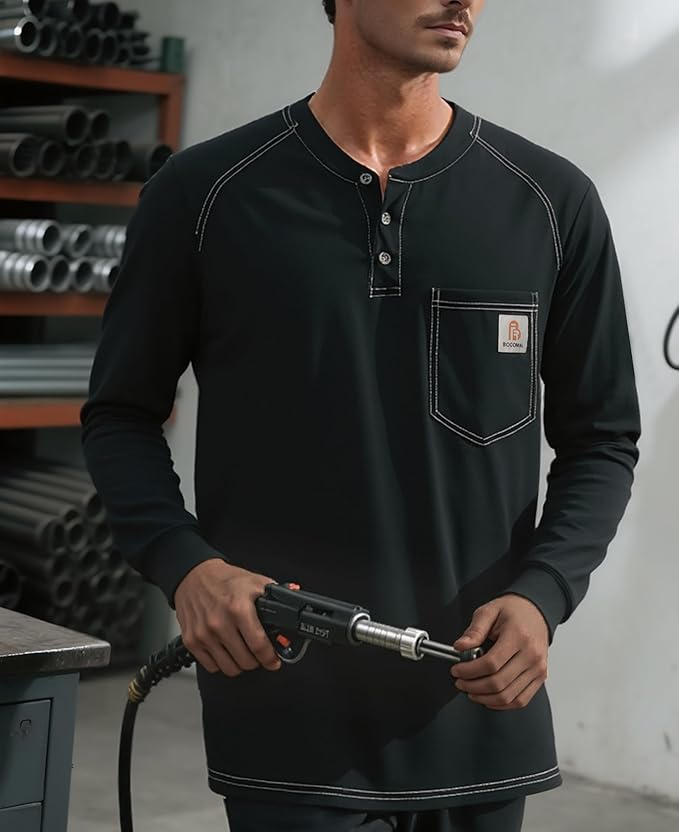 BOCOMAL Men's FR Shirt Pocket Henley Lightweight Flame Resistant Cotton Long Sleeve Workwear UL NFPA2112 CAT2 Welding Tee