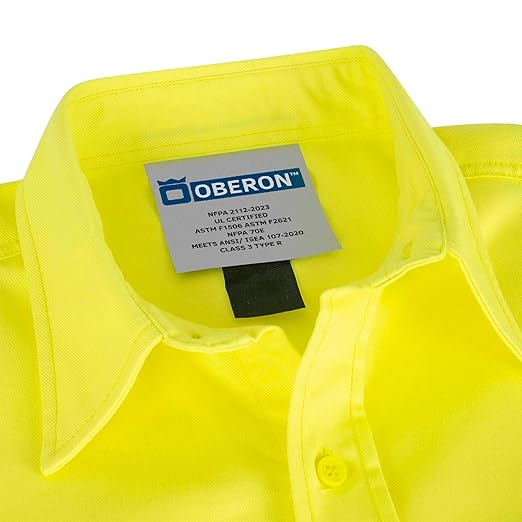 Oberon FR Arc Rated Hi Vis Button-Up Safety Shirt For Men - Flame Resistant & Reflective - 10 Cal - Class 3 - Hi Vis Yellow