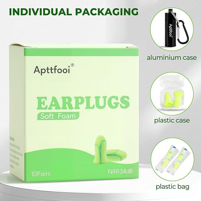 Soft Foam Earplugs,34dB Highest NRR, Individually Wrapped,Reusable,10 Pair for Sleeping, Snoring, Loud Noise, Traveling, Concerts, Studying,Work,Construction, Shooting