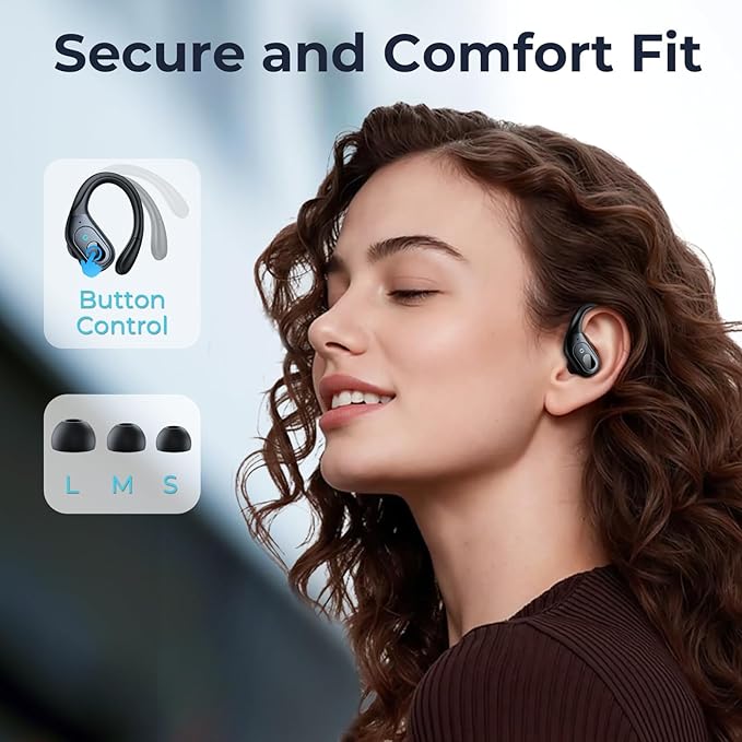 occiam Active Noise Cancelling Ear Buds Bluetooth Headphones Wireless Earbuds 90Hrs Playback Stereo Bass Earphones with Over-Ear Hooks IPX7 Waterproof Earbud for Sports Running Gym Workout Black