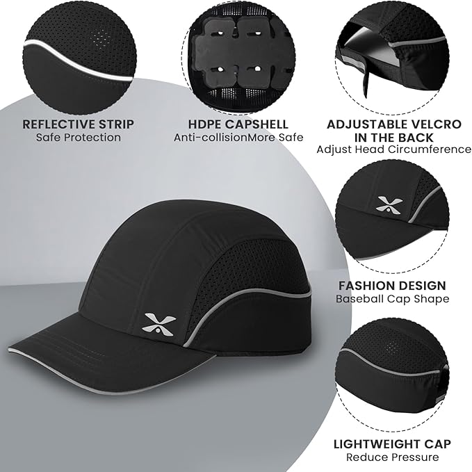 TIHEEN Unisex Safety Bump Cap, Baseball Hat Style with Reflective Stripes Lightweight and Breathable Hard Hat Head Protection Cap