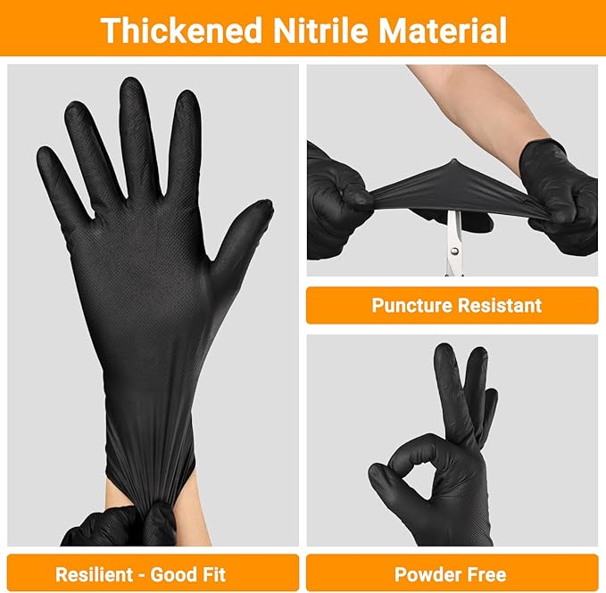 8 Mil Nitrile Gloves for Work, 100 PCS Chemical Resistant Black Disposable Mechanic Gloves for Men & Women Working, Cooking, Cleaning, Gardening, Medium, Heavy Duty, Latex Free