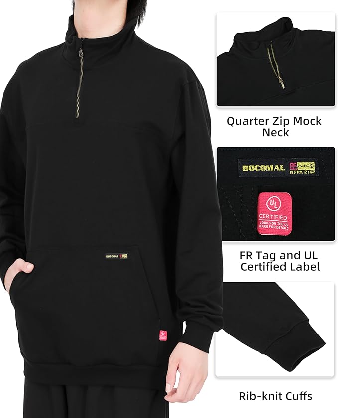 BOCOMAL FR Sweatshirts Midweight Non-Fleece Mock Neck 1/4 Quarter Zipper Water/Stain Repellent Fire Resistant Shirts