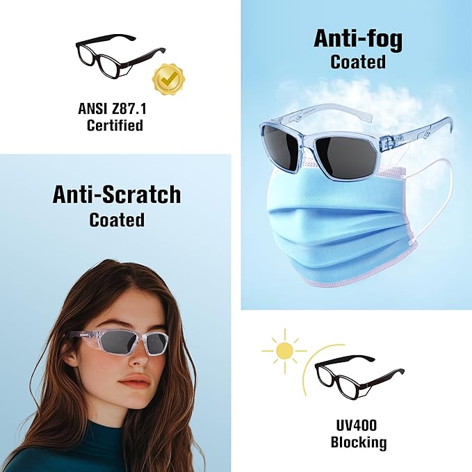 ProtectX Stylish Anti-Fog & Scratch-Resistant Safety Glasses With Readers, UV Protection Goggles, Anti-Impact Lightweight Glasses for Men＆Women Tinted Smoke - 2 Pack,Blue
