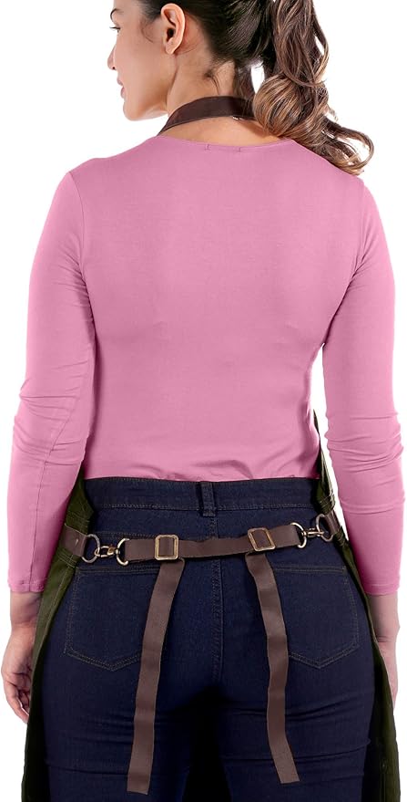 Under NY Sky Barista Apron - Brown Leather Straps and Reinforcement - Riveted Pockets - Double Stiched - Leather Ring Loop - Professional Green Twill - Double as Half Bistro Apron - Chefs, Bartender