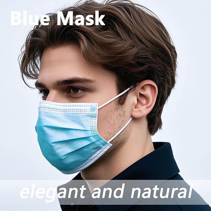 50pcs Blue Disposable Face Mask for Adults Women Men, 3-Ply Solid Blue Breathable Earloop Full Face Protection