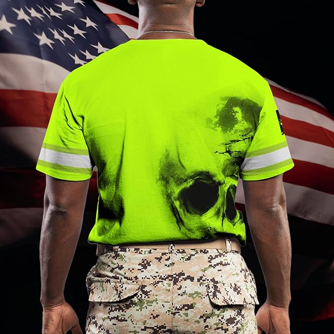 Matedecor Skull High Visibility Shirt Men Reflective Safety Shirts US Flag Custom Name Workwear, Runners, Walkers, Patriotic