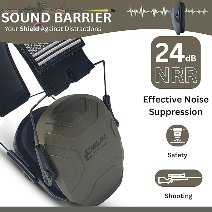 Shield XT Shooting Ear Protection for Gun Range | NRR 24dB | Construction Hearing Protection for Adults and Kids | Slim Noise Reducing Ear Muffs for Sport and Safety (OD Green) by Emblem OD