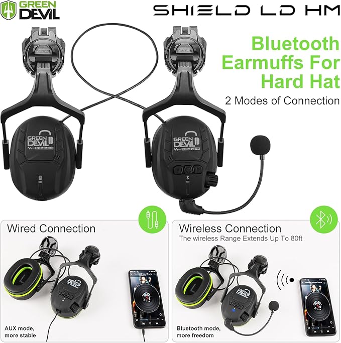 GREEN DEVIL Hard Hat Safety Helmet with Visor Bluetooth Ear Muffs and Headlamp 5 in 1 Full Protection Vented Work Hardhat ANSI Z89.1 Cascos De Construccion for Industrial Construction Forestry