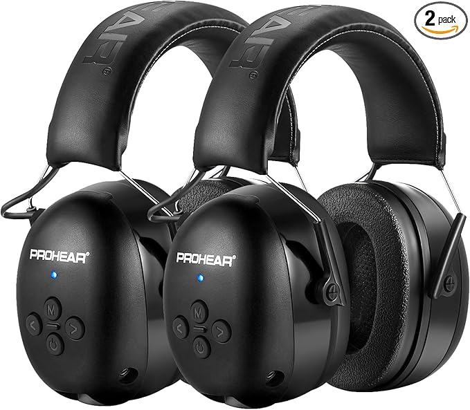 PROHEAR 037 2 Pack Bluetooth 5.3 Hearing Protection Headphones with Rechargeable, 30dB SNR Safety Noise Reduction Ear Muffs for Mowing Workshops Snowblowing, Black and Black