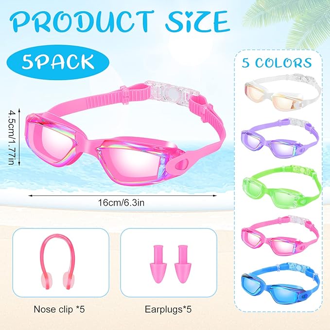 Macarrie 5 Pairs Swimming Goggles for Adults Kids Anti Fog Pool Goggles bulk No Leaking Glasses with Ear Plugs Nose Clip