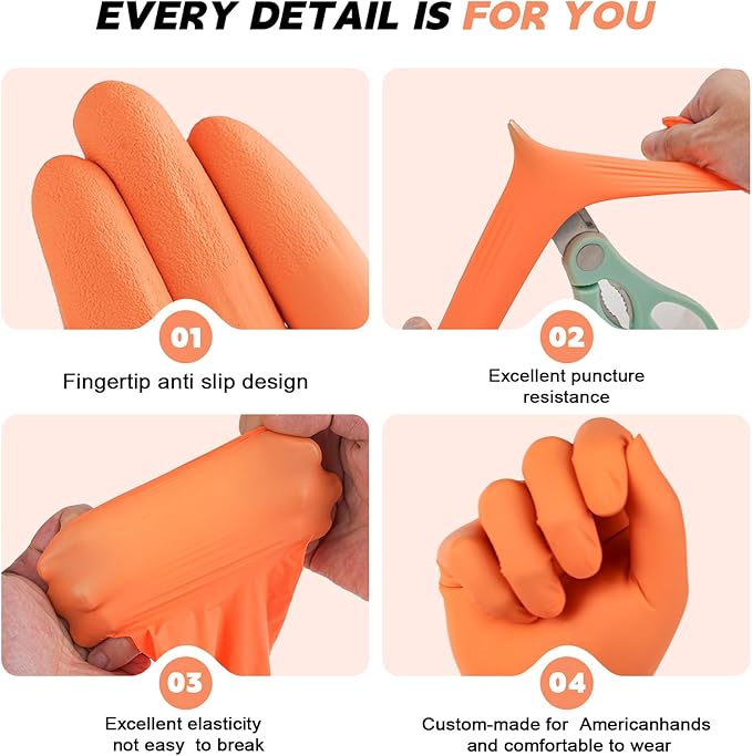 FINITEX Nitrile Disposable Gloves - Orange, 3.5mil, 1000PCS, Powder-Free, Cleaning, Medical, Food Gloves