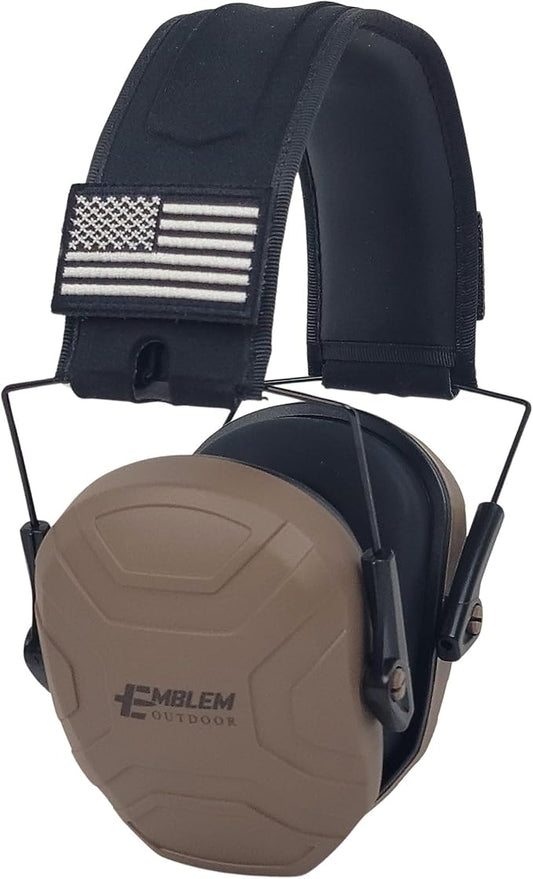 Shield XT Shooting Ear Protection for Gun Range | NRR 24dB | Construction Hearing Protection for Adults and Kids | Slim Noise Reducing Ear Muffs for Sport and Safety (Brown) by Emblem OD