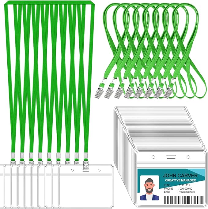 Clear Horizontal Badge ID Card and Lanyard, Reusable Lanyards for Id Badge Holder Name Tag Badge Holder with Lanyards for Adults Kids Business School Conferences (Green)
