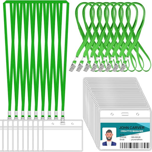 Clear Horizontal Badge ID Card and Lanyard, Reusable Lanyards for Id Badge Holder Name Tag Badge Holder with Lanyards for Adults Kids Business School Conferences (Green)