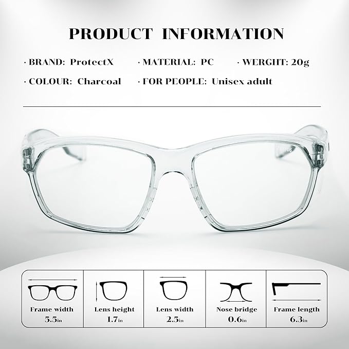 ProtectX Stylish Anti-Fog & Scratch-Resistant Safety Glasses, UV Protection Goggles, Anti-Impact Lightweight Glasses for Men＆Women Charcoal Clear - 6 Pack