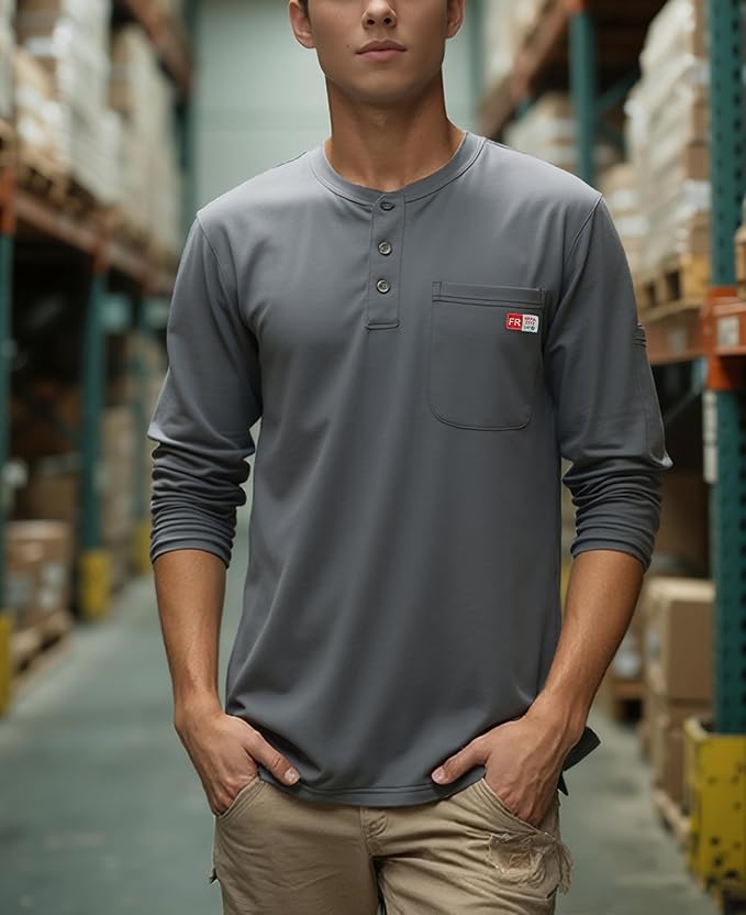 TICOMELA FR Shirts for Men Heather Series 6oz Flame Resistant T Shirt NFPA2112 CAT2 Fire Retardant Henley Shirts