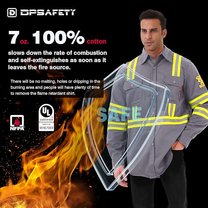 FR Shirts for Men 7oz High Visibility Fire Resistant Shirts NFPA CAT2 Welding Shirt 100% Cotton Hi Vis Flame Resistant Shirt Light Gray(X-Large)
