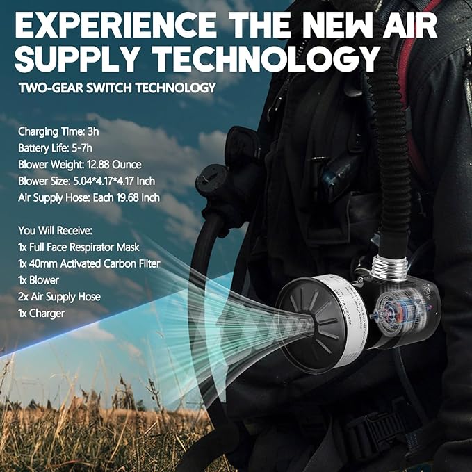Portable PAPR Respirator System: Powered Air Purifying Respirator - Supplied Air Respirator with 40mm Gas Mask Filters Full Face Gas Mask for Industry Chemicals Welding Paint