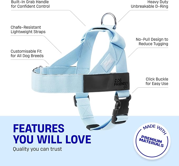 DF Co. Dog Harness | Chafe Resistant Webbing, Adjustable Neck & Chest, and Heavy Duty D-Ring | Sturdy, Comfortable, Easy to Use | Sky Blue, Size S