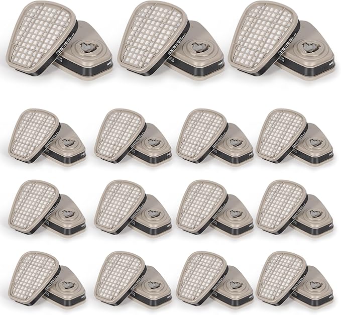 6001 Filter Cartridges for Respirator, 15 Pairs Activated Carbon Cartridges for Resin Chemicals Organic Gases Dust, Replacement 6200/6000/6502/6800/7000/FF402 Series Paint Respirator Mask Filters