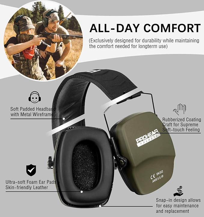 PROHEAR 016 Shooting Ear Protection Earmuffs 2 Pack, NRR 26dB for Gun Range, Hunting -Black and Green