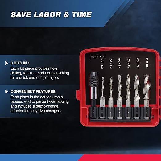 NEIKO 10059A Combination Drill and Tap Bit Set with Quick Change Adapter, 13 Piece, SAE (6-32NC to 1/4-20NC) and Metric Drill Bit Set (M3 to M10), Metric Tap Set