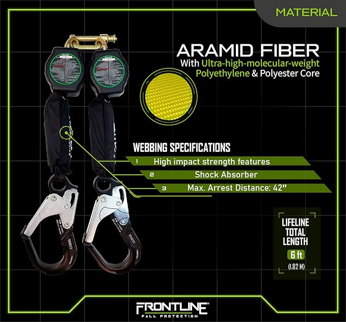 Frontline RPA062RA 6' Aramid Web Twin Leg SRL with Aluminum Rebar Hook Ends | 310 lbs Capacity | Lightweight & Durable | Aramid Fiber Webbing | ANSI & OSHA Compliant | ISO Lab Tested (3 Pack)