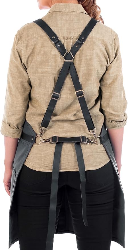 Under NY Sky Cargo Gray Apron – Cross-Back with Leather Straps, Heavy-Duty Waxed Canvas and Split-Leg – Adjustable for Men and Women – Pro Woodworker, Mechanic, Blacksmith, Welder, Artist Aprons
