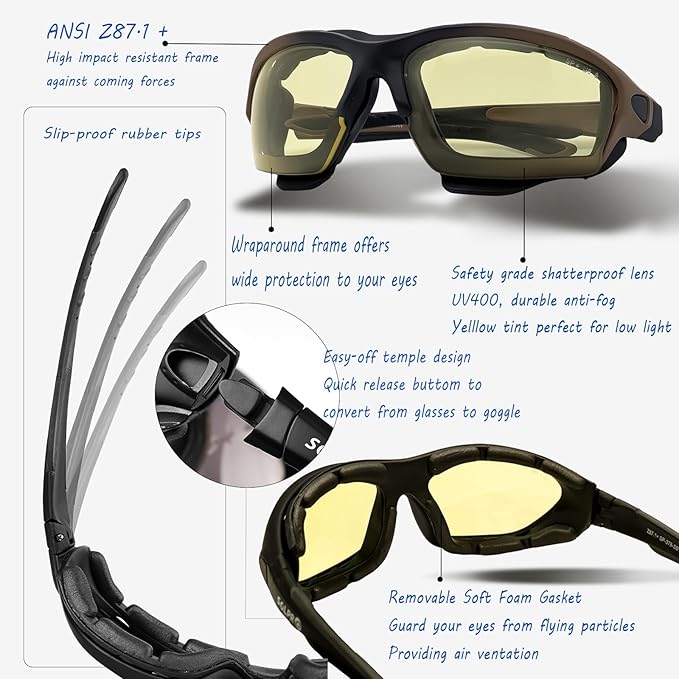 Powersports Glasses Safety Motorcycle Goggle, Anti-fog, Wrap around, Windproof, Hunting, Riding, Mowing,Men and Women