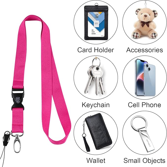 Wisdompro Office Lanyard, 5pcs 23 inch Polyester Neck Strap with Oval Clasp and Detachable Buckle for ID Badges, Keys, Keychains, Phones, Camera, USB - Hot Pink