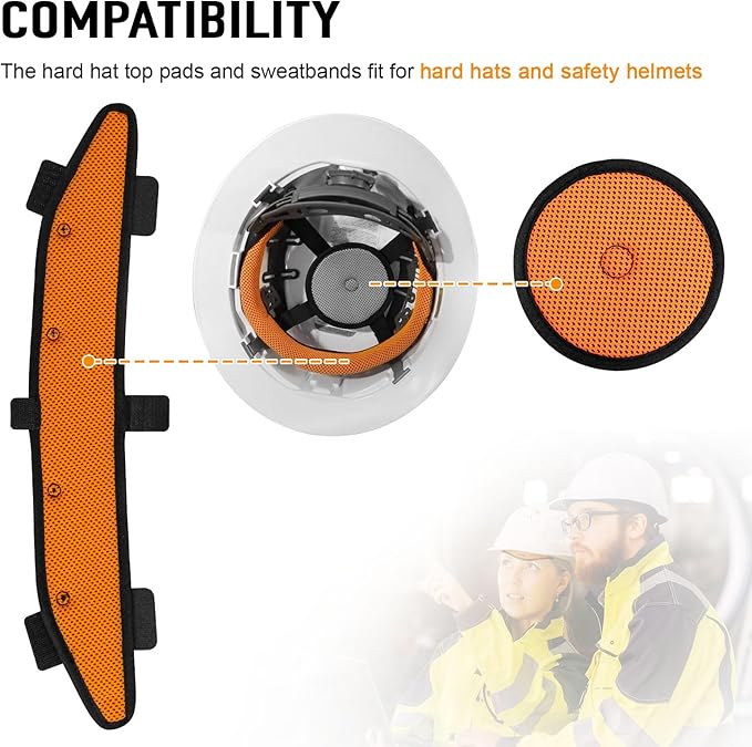 Hard Hat Top Pads and Sweatbands for Safety Helmet, Washable Hard Hat Cooling Liner Accessories Set, Suspension Sweat Band Replacement, Reusable Inserts Headband, Orange, 6 PCS
