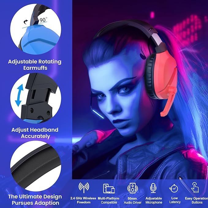 Wireless Gaming Headset with Noise Canceling Microphone for PS5, PC, PS4, 2.4G/Bluetooth Gaming Headphones with USB and Type-c Connector, Wired Mode for Controller - Blue and Red