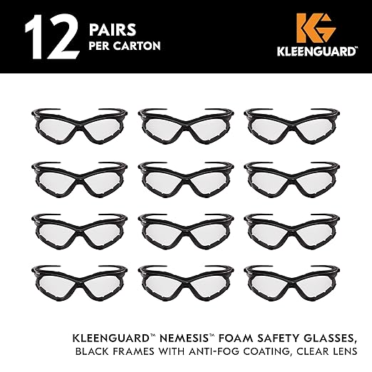 KleenGuard™ V30 Nemesis™ Foam Safety Glasses (65335), Clear Lenses with KleenVision™ Anti-Fog coating, Black Frame, Unisex Eyewear for Men and Women (12 Pairs/Case)